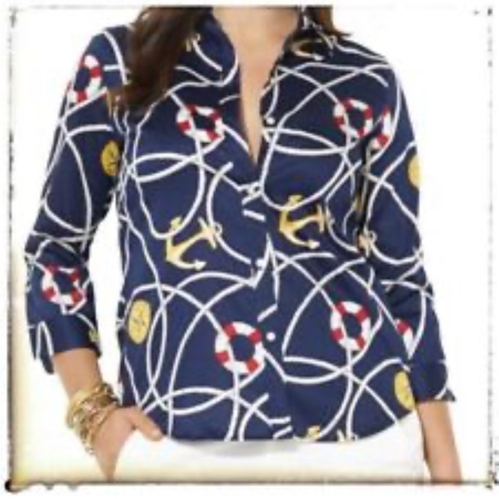 Lauren Ralph Lauren Nautical Anchor Sailing Blouse Button Down Shirt Top XS NEW